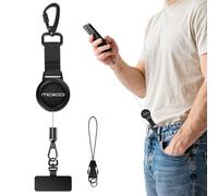 MoKo Anti-theft Phone Tether, Universal Phone Lanyard Retractable Steel Line Cellphone Strap with Locking Carabiner and Metal 360° Tether Tab for Outdoor Hiking Climbing Fishing, Black