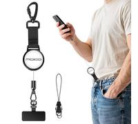 MoKo Anti-theft Phone Tether, Upgraded Reel Design Phone Lanyard Retractable Steel Line Cellphone Strap with Locking Carabiner and Metal 360° Tether Tab for Skiing Hiking Climbing Fishing, Black&White