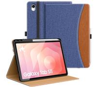 MoKo Case for Samsug Galaxy Tab S11 2025 11-Inch with S Pen Holder, PU Leather Multi-Angle Stand Case for Galaxy Tab S11 5G (SM-X730/SM-X736B) with Hand Strap, Pocket, Auto Wake/Sleep, Blue & Brown