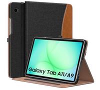 MoKo Case for Samsung Galaxy Tab A11 8.7-Inch 2025, Glaxy Tab A9 8.7-Inch 2023, Premium PU Leather Multi-Angle Viewing Folding Stand Cover Case with Hand Strap, Front Pocket, Demin Black & Brown