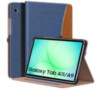 MoKo Case for Samsung Galaxy Tab A11 8.7-Inch 2025, Glaxy Tab A9 8.7-Inch 2023, Premium PU Leather Multi-Angle Viewing Folding Stand Cover Case with Hand Strap, Front Pocket, Denim Blue & Brown