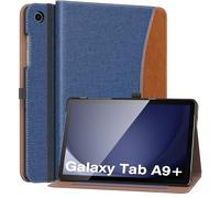 MoKo Case for Samsung Galaxy Tab A9 Plus 11" 2023 (SM-X210/SM-X216/SM-X218), PU Leather Multi-Angle Viewing Folding Stand Cover Case with Hand Strap, Front Pocket, Auto Wake/Sleep, Denim Blue & Brown