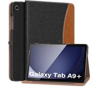 MoKo Case for Samsung Galaxy Tab A9 Plus 11" 2023 (SM-X210/SM-X216/SM-X218), PU Leather Multi-Angle Viewing Folding Stand Cover Case with Hand Strap, Front Pocket, Auto Wake/Sleep, Demin Black & Brown