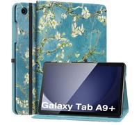 MoKo Case for Samsung Galaxy Tab A9 Plus 11" 2023 (SM-X210/SM-X216/SM-X218), PU Leather Multi-Angle Viewing Folding Stand Cover Case with Hand Strap, Front Pocket, Auto Wake/Sleep, Almond Blossom