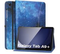MoKo Case for Samsung Galaxy Tab A9 Plus 11" 2023 (SM-X210/SM-X216/SM-X218), PU Leather Multi-Angle Viewing Folding Stand Cover Case with Hand Strap, Front Pocket, Auto Wake/Sleep, Blue Starry Sky