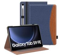 MoKo Case for Samsung Galaxy Tab S9 FE 10.9-Inch 2023 (SM-X510/SM-X516/SM-X518), PU Leather Multi-Angle Viewing Stand Cover Case with Pencil Holder, Front Pocket, Auto Wake/Sleep, Denim Blue & Brown