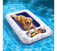 MoKo Dog Pool Float, 59 x 35 Inch Pool Floats for Small, Medium and Large Dogs, Floating Bed with Built-in Storage Area for Pet Toys and Food, Inflatable Dog Pool Float for Lake Camp, White & Blue