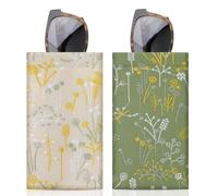 MoKo Double Eyeglasses Pouch with Carrying Strap, Soft Polyester Material Large Squeeze Top Portable Sunglass Case with Cleaning Cloth for Women Men, Flowers Green & Yellow