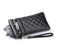 MoKo Double Eyeglasses Pouch with Carrying Strap, Soft PU Leather Large Squeeze Top Portable Sunglass Case with Cleaning Cloth for Women Men, Black