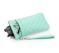 MoKo Double Eyeglasses Pouch with Carrying Strap, Soft PU Leather Large Squeeze Top Portable Sunglass Case with Cleaning Cloth for Women Men, Mint Green