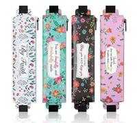 MoKo Elastic Pen Holder for Notebook, 4 Pieces PU Leather Pencil Case with Adjustable Band, Stationery School Supplies Zipper Bag for Planners, Journals, Book, Flower Black/Pink/Blue/Green