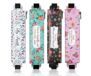 MoKo Elastic Pen Holder for Notebook, 4 Pieces PU Leather Pencil Case with Adjustable Band, Stationery School Supplies Zipper Bag for Planners, Journals, Book, Flower Black/Pink/Blue/Green