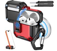 MoKo for AirPods 4 Case with Lock 2024 - Compatible with MagSafe, Phone Stand & Auto Pop-up for AirPods 4th Generation Case, Military-Grade Protective Cover with Cleaner Kit, Red+Black