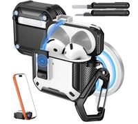 MoKo for AirPods 4 Case with Lock 2024 - Compatible with MagSafe, Phone Stand & Auto Pop-up for AirPods 4th Generation Case, Military-Grade Protective Cover with Cleaner Kit, White+Black