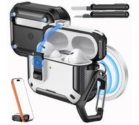 MoKo for AirPods Pro 2 Case with Lock - Compatible with MagSafe, Phone Stand & Auto Pop-up for AirPods Pro 2nd/1st Generation Case, Military-Grade Protective Cover with Cleaner Kit, White+Black