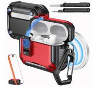 MoKo for AirPods Pro 3 Case with Lock 2025 - Compatible with MagSafe, Phone Stand & Auto Pop-up for AirPods Pro 3rd Generation Case, Military-Grade Protective Cover with Cleaner Kit, Red+Black