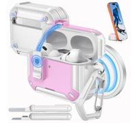 MoKo for AirPods Pro 3 Case with Lock 2025 - Compatible with MagSafe, Phone Stand & Auto Pop-up for AirPods Pro 3rd Generation Case, Military-Grade Protective Cover with Cleaner Kit, White + Pink
