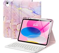 MoKo for iPad (A16) 11th Generation Case with Keyboard 11 inch 2025, iPad 10th Generation 10.9 inch Case with Pencil Holder, Multi-Angle Detachable Bluetooth Keyboard, Light Pink Gold Marble