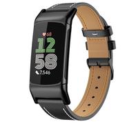 MoKo Leather Strap Compatible with Fitbit Charge 6/Fitbit Charge 5 for Women Men, Genuine Leather Watch Band Replacement Wristband, Black