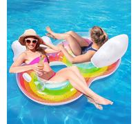 MoKo Pool Floats Adult, 2 Seat Inflatable Chairs, Rainbow Pool Floaties with Clouds Backrests, Inflatable Pool Toys with Cup Holders and Handles Beach Party Water Park, Rainbow & White Clouds
