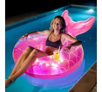 MoKo Pool Floats Adult with Lights, LED Lighted Pool Toys Tubes, 42 Inches Mermaid Tail Pool Floaties with Cup Holder and Handles, Inflatable Swimming Pool Lights Floats for Party, Beach, Lake, Pink