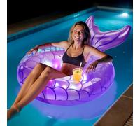 MoKo Pool Floats Adult with Lights, LED Lighted Pool Toys Tubes, 42 Inches Mermaid Tail Pool Floaties with Cup Holder and Handles, Inflatable Swimming Pool Lights Floats for Party, Beach, Lake, Purple