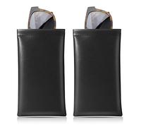 MoKo Squeeze Glasses Case (2 Pack), Portable Leather Soft Sunglasses Case Anti-Scratch Eyeglasses Bag Goggles Sleeve with Cleaning Cloth for Women Men, Black