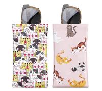 MoKo Squeeze Top Glasses Pouch (2 Pack), Portable Leather Soft Sunglasses Case Anti-Scratch Eyeglasses Bag Goggles Sleeve with Cleaning Cloth for Women Men, Cute Cat + Playing Cat