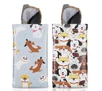 MoKo Squeeze Top Glasses Pouch (2 Pack), Portable Leather Soft Sunglasses Case Anti-Scratch Eyeglasses Bag Goggles Sleeve with Cleaning Cloth for Women Men, Cute Dog + Playing Dog
