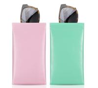 MoKo Squeeze Top Glasses Pouch (2 Pack), Portable Leather Soft Sunglasses Case Anti-Scratch Eyeglasses Bag Goggles Sleeve with Cleaning Cloth for Women Men, Pink + Mint Green