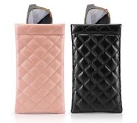 MoKo Squeeze Top Sunglasses Pouch, 2PCS Soft Eyeglasses Pouch Portable Sunglass Organizer Bag Protective Sunglasses Case for Women Men, Black + Pink