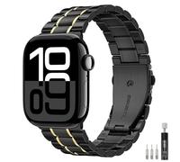 MoKo Stainless Steel Strap Compatible with Apple Watch Ultra 2/Ultra 49mm,S10 46mm,9/8/7 45mm,SE2/SE/6/5/4 44mm,3/2/1 42mm, Adjustable Mesh Watch Band Replacement Wristband, Black/Gold