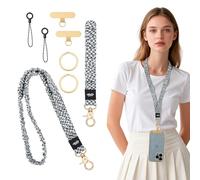 MoKo Stretchy Scrunchie Phone Lanyard, Cute Anti-Loss Neck Strap & Keychain Wristlet Strap for Phones,ID Holder,Keys, Teacher Lanyard with Key Ring, Metal Cellphone Patch for Women, Black & White Grid