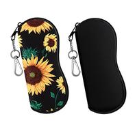 MoKo Sunglasses Soft Case 2 Pack, Ultra Light Portable Neoprene Zipper Glasses Soft Case, Eyeglass Safety Pouch Zipper Box Case with Belt Clip, Black + Sunflower