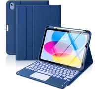MoKo Touch Keyboard Case for iPad (A16) 11th Generation 11 inch 2025, iPad 10th Generation 10.9 inch Case with Pencil Holder, 7 Colors Backlit Multi-TrackPad Detachable Bluetooth Keyboard, Navy Blue