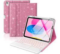 MoKo Touch Keyboard Case for iPad (A16) 11th Generation 11 inch 2025, iPad 10th Generation 10.9 inch Case with Pencil Holder, 7 Colors Backlit Multi-TrackPad Detachable Bluetooth Keyboard, Shiny Pink