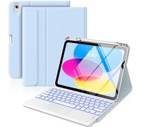 MoKo Touch Keyboard Case for iPad (A16) 11th Generation 11 inch 2025, iPad 10th Generation 10.9 inch Case with Pencil Holder, 7 Colors Backlit Multi-TrackPad Detachable Bluetooth Keyboard, Sky Blue