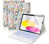 MoKo Touch Keyboard Case for iPad (A16) 11th Generation 11 inch 2025, iPad 10th Generation 10.9 inch Case with Pencil Holder, 7 Colors Backlit Multi-TrackPad Bluetooth Keyboard, Flowers