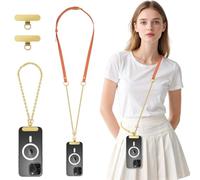 MoKo Universal Phone Crossbody Lanyard Phone Chain, Anti-Theft Adjustable Cellphone Cross Body Neck Strap & iPhone Wrist Strap with 2×Metal Tether Tabs for iPhone 17, Most Smartphones, Orange&Gold