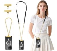 MoKo Universal Phone Crossbody Lanyard Phone Chain, Anti-Theft Adjustable Cellphone Cross Body Neck Strap & iPhone Wrist Strap with 2×Metal Tether Tabs for iPhone 17, Most Smartphones, Black & Gold