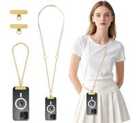 MoKo Universal Phone Crossbody Lanyard Phone Chain, Anti-Theft Adjustable Cellphone Cross Body Neck Strap & iPhone Wrist Strap with 2×Metal Tether Tabs for iPhone 17, Most Smartphones, White & Gold