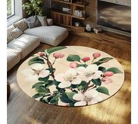 MOKOSAISE 180cm（Round） Washable Area Rug Low-Profile Entryway Rugs Non-slip Backing White & Pink Blossom Floral Indoor Rug for Bedroom Entryway Elegant Circle Carpet