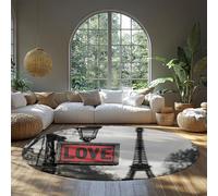 MOKOSAISE Abstract Living Room Round Area Rugs 150cm（Round） Modern Romantic Paris Love Eiffel Tower Washable Foldable Thin Carpet for Bedroom Dining Room