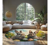 MOKOSAISE Easter Bunny Colorful Eggs Round Area Rug 135cm（Round） Brown Rabbit and Egg Spring Flowers Non-slip Carpet for Playroom Dining Room Festive Home Decor