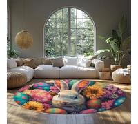 MOKOSAISE Easter Bunny Egg Round Area Rug 135cm（Round） Spring Cute Rabbit Colorful Egg Low Pile Washable Carpet for Bedroom Dining Room Playroom Kitchen