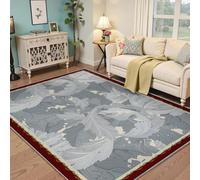 MOKOSAISE Elegant Gray Leaf Area Rug Washable Low-Pile 240x340cm Modern Botanical Pattern Red Border Soft Carpet for Living Room Home Office Study Floor Mat