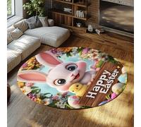 MOKOSAISE Happy Easter Bunny Washable Round Area Rug 200cm（Round） Spring Colorful Flowers Rugs Cute Rabbit Low-Pile Carpet for Entryway Kitchen Bedroom Indoor Floor Mat