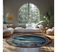 MOKOSAISE Modern Round Rug 150cm（Round） Christmas Santa Sleigh Flying over Snowy Village Pattern Circle Indoor Outdoor Carpet for Entryway Porch Living Room