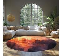 MOKOSAISE Modern Round Rugs 135cm（Round） For Living Room Washable Low Pile City Sunrise and Architecture Circular Carpet for Dining Under Table Bedroom