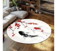MOKOSAISE Round Area Rugs Washable Rug 150cm（Round） Modern Living Room Soft Thin Carpet Chinese Ink Koi Fish & Red Plum Blossoms Minimalist Indoor Floor Mat for Office